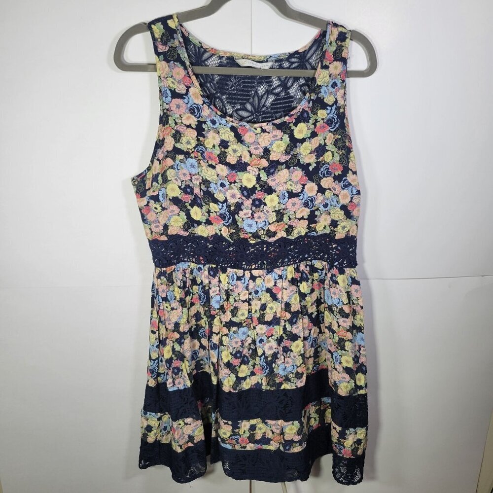 Lauren Conrad Floral Sleeveless Lace Trim Dress Navy Multicolor Women’s Size S